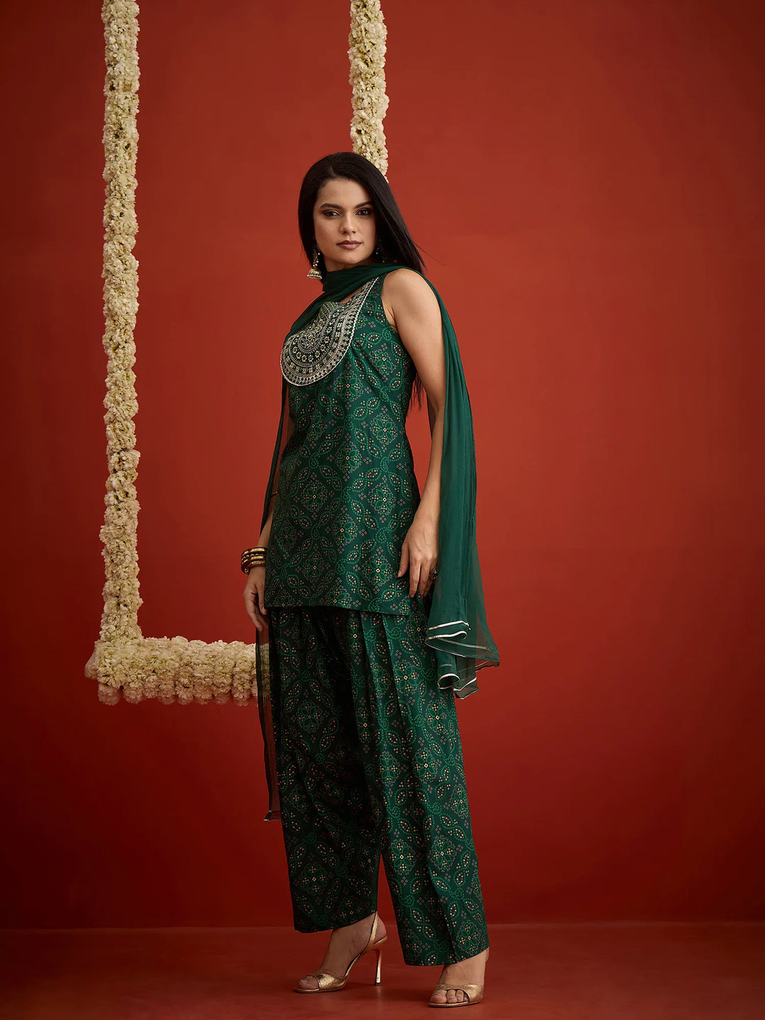 DUPATTA SET-Bandhej Short Kurti Farshi Salwar Set