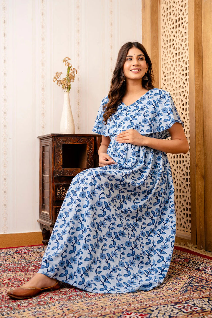 MATERNITY DRESS-Cotton Blue Printed
