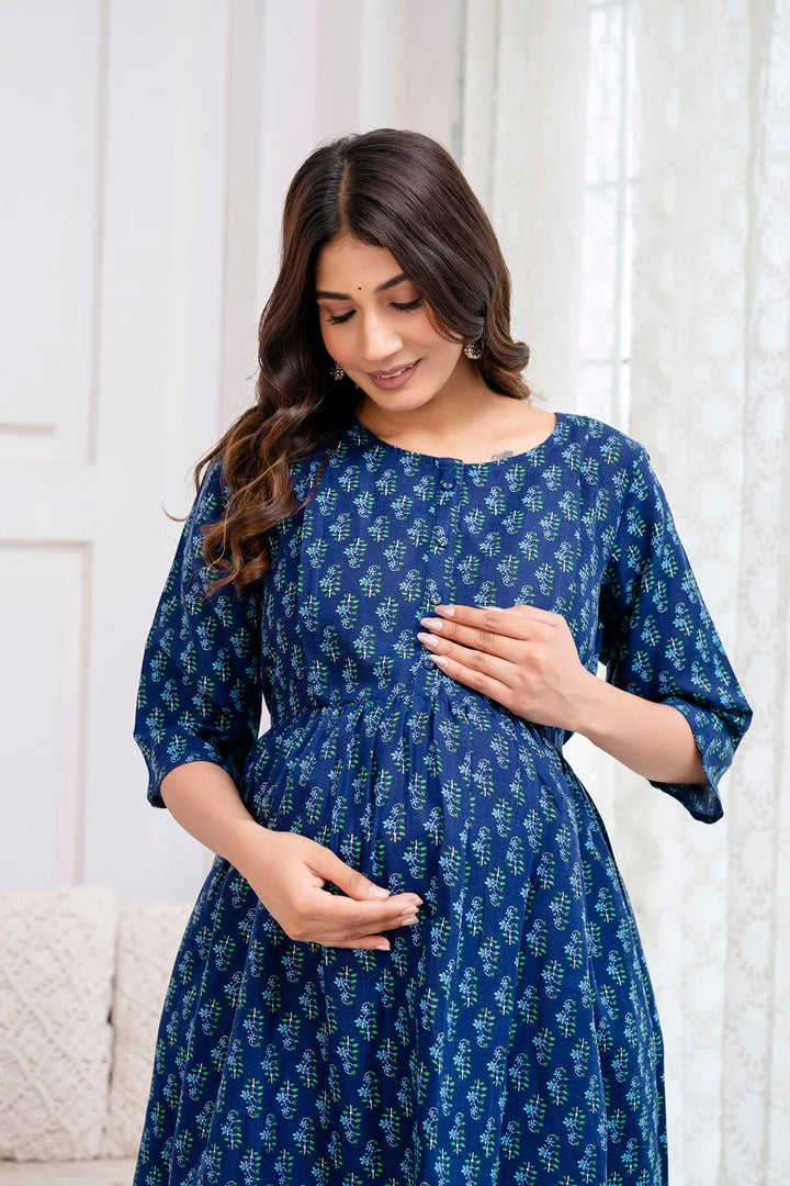 DRESS-Maternity Cotton Blue Printed