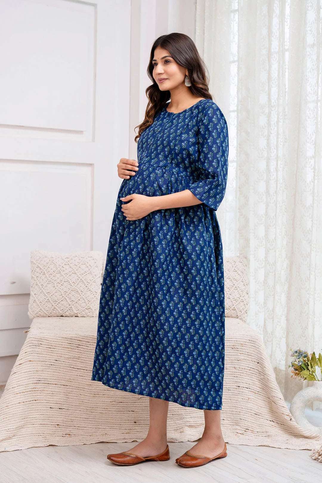 DRESS-Maternity Cotton Blue Printed