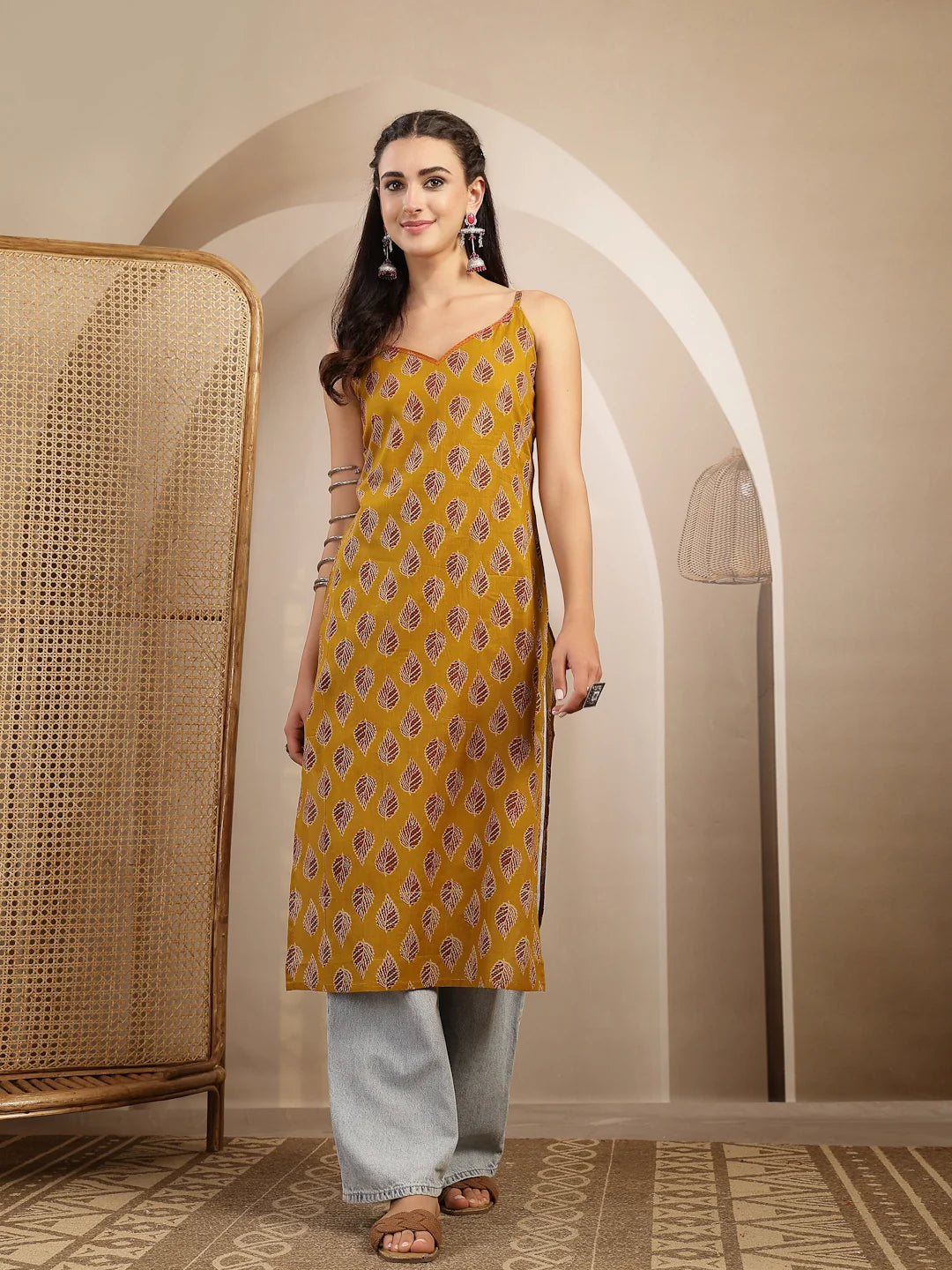 KURTA-Yelw Ethnic Printed Shoulder Straps