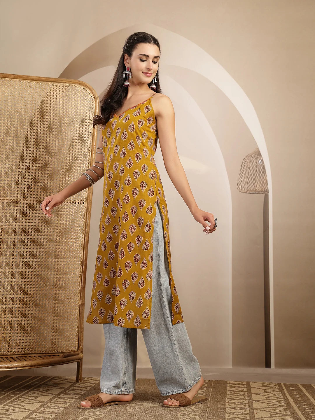 KURTA-Yelw Ethnic Printed Shoulder Straps