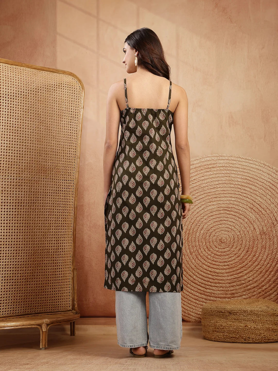 KURTA-Oliv Ethnic Printed Shoulder Straps
