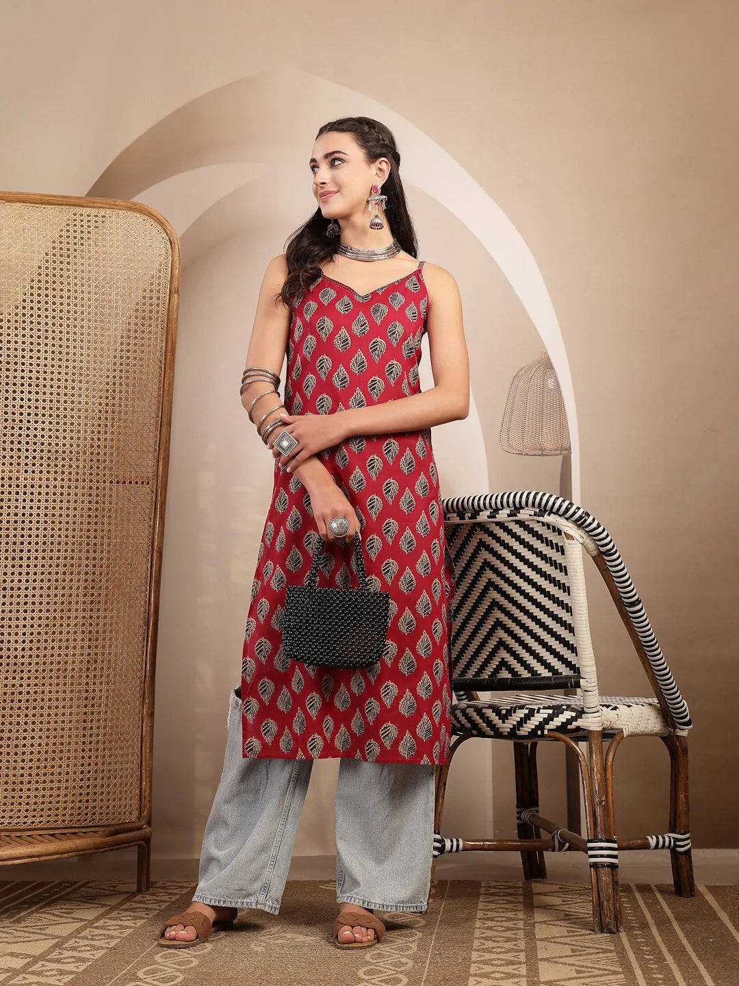 KURTA-Pink Ethnic Printed Shoulder Straps