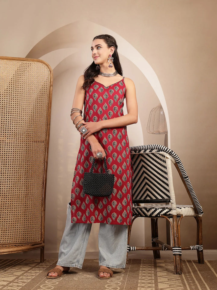 KURTA-Pink Ethnic Printed Shoulder Straps