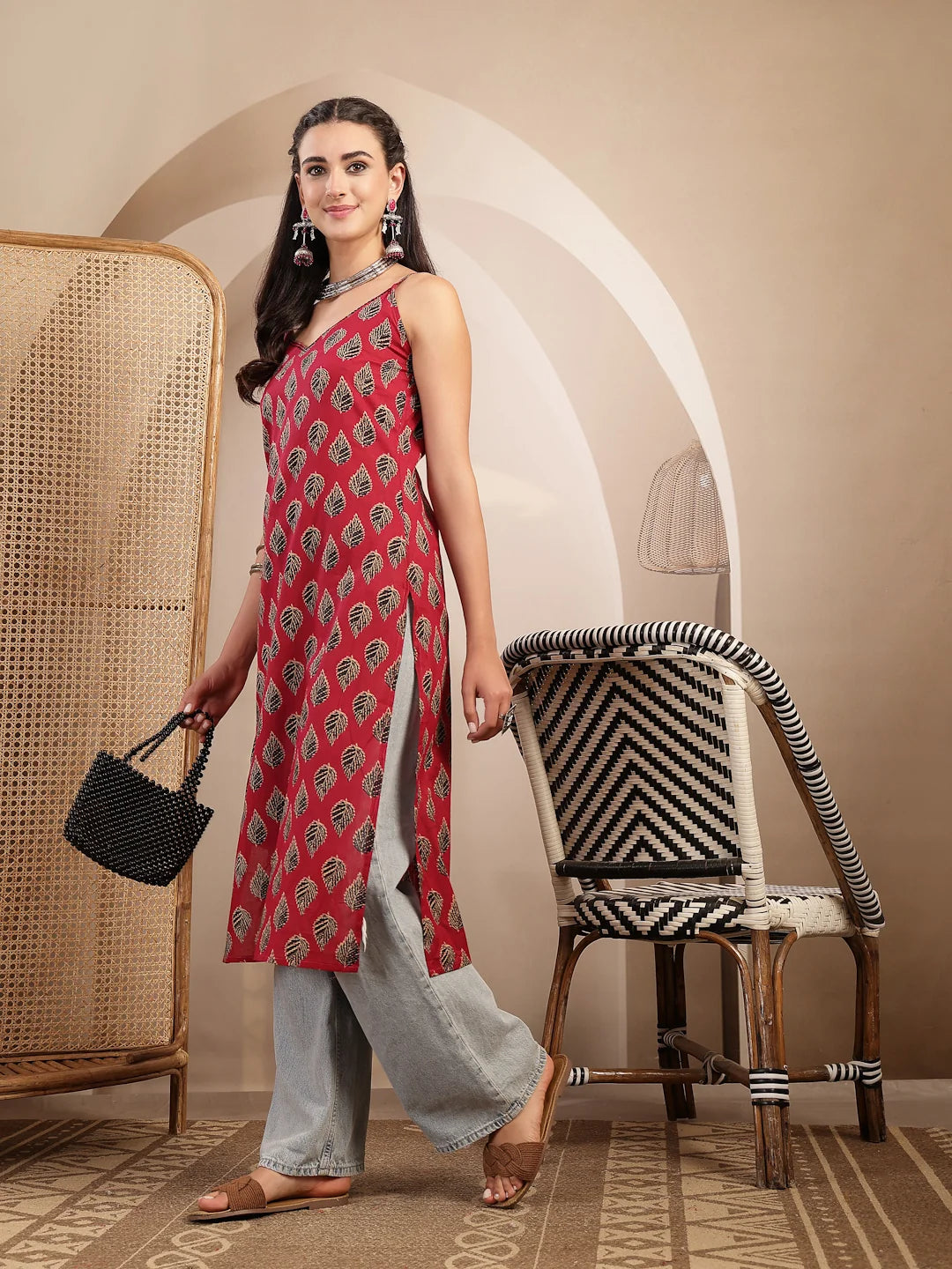 KURTA-Pink Ethnic Printed Shoulder Straps