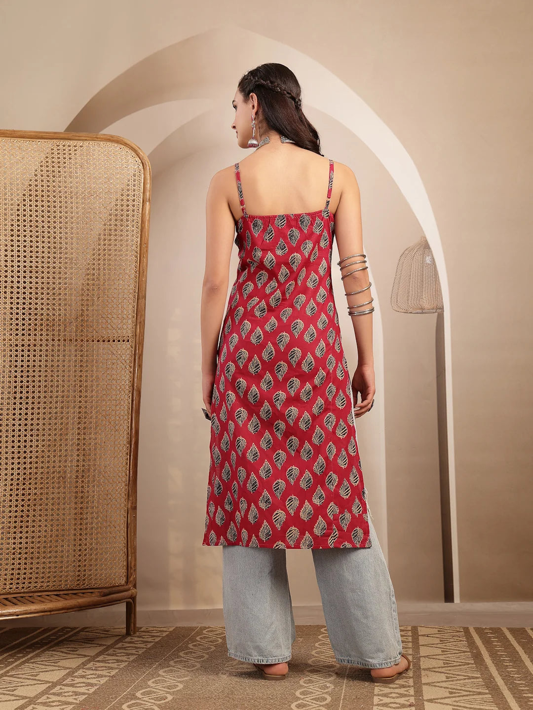 KURTA-Pink Ethnic Printed Shoulder Straps