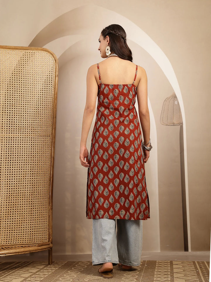 KURTA-Red Ethnic Printed Shoulder Straps