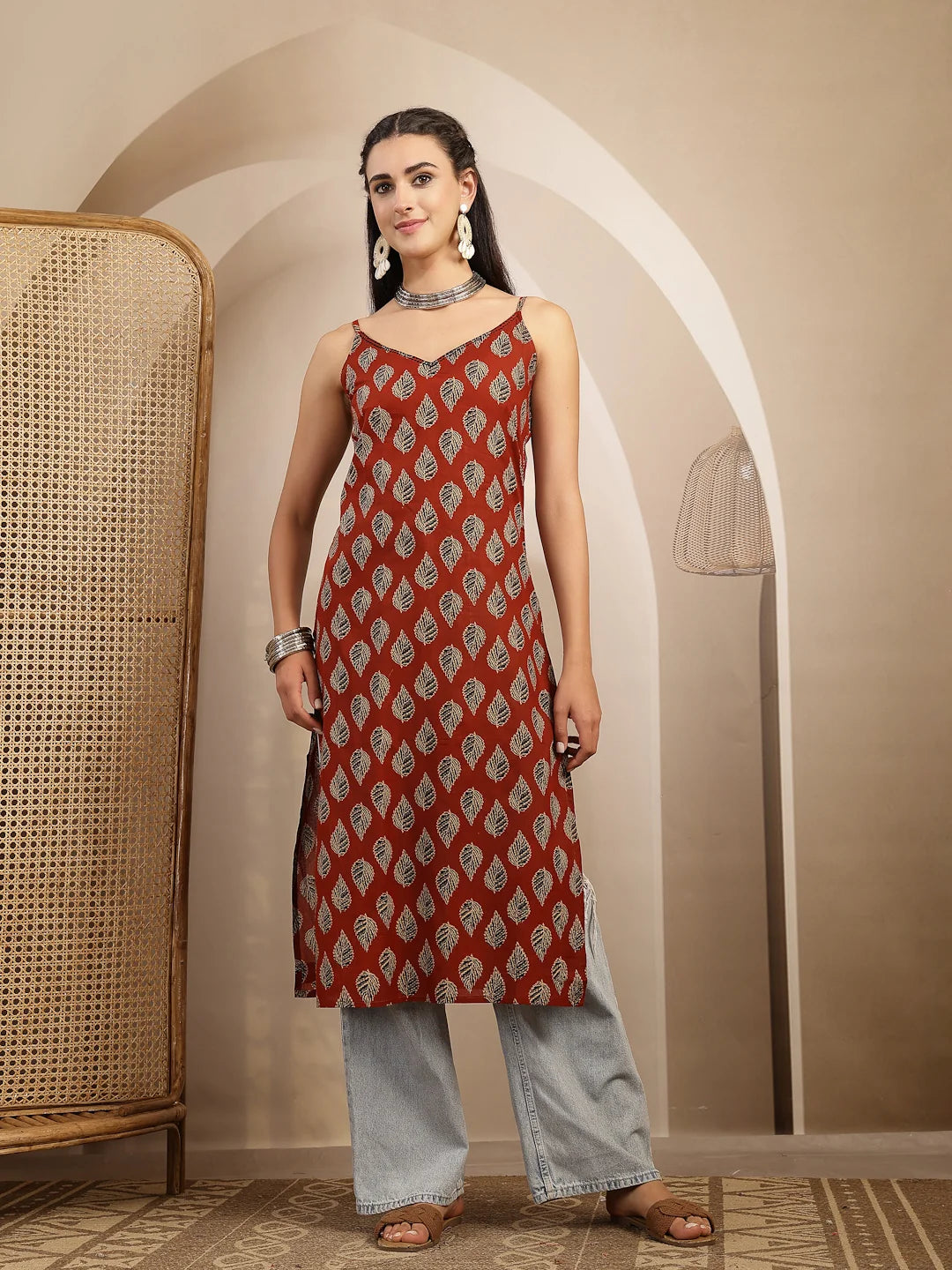 KURTA-Red Ethnic Printed Shoulder Straps