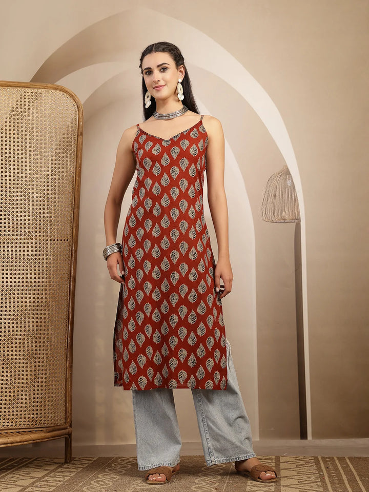 KURTA-Red Ethnic Printed Shoulder Straps