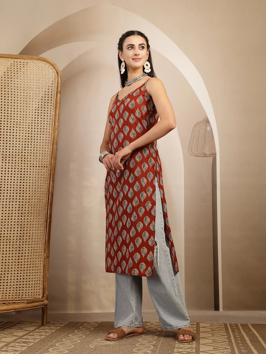 KURTA-Red Ethnic Printed Shoulder Straps