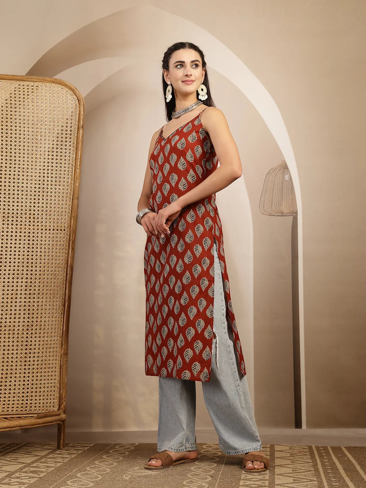 KURTA-Red Ethnic Printed Shoulder Straps