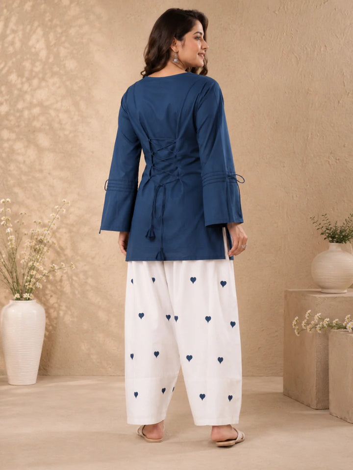 CO-ORDS-Blu Solid Top Printed Bottom