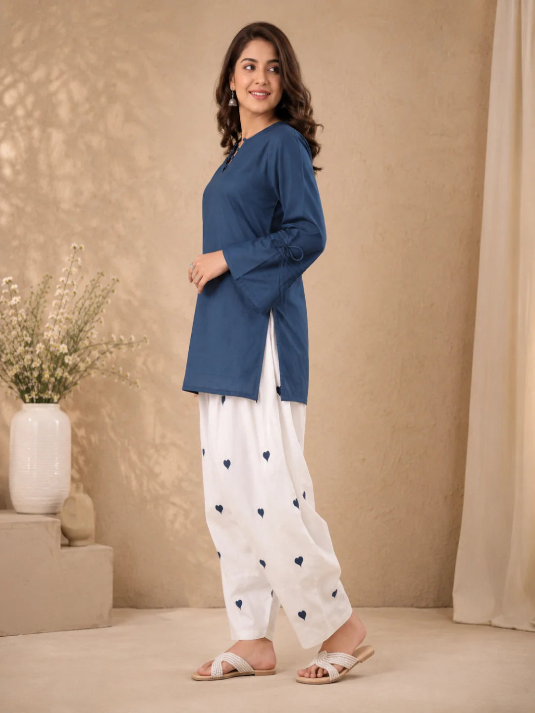 CO-ORDS-Blu Solid Top Printed Bottom