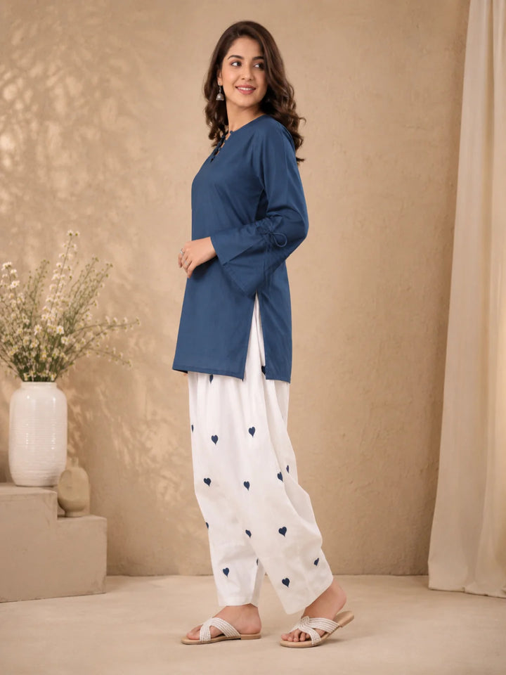 CO-ORDS-Blu Solid Top Printed Bottom