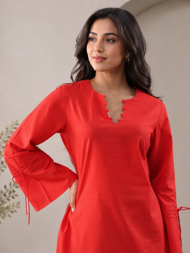 CO-ORDS-Red Solid Top Printed Bottom