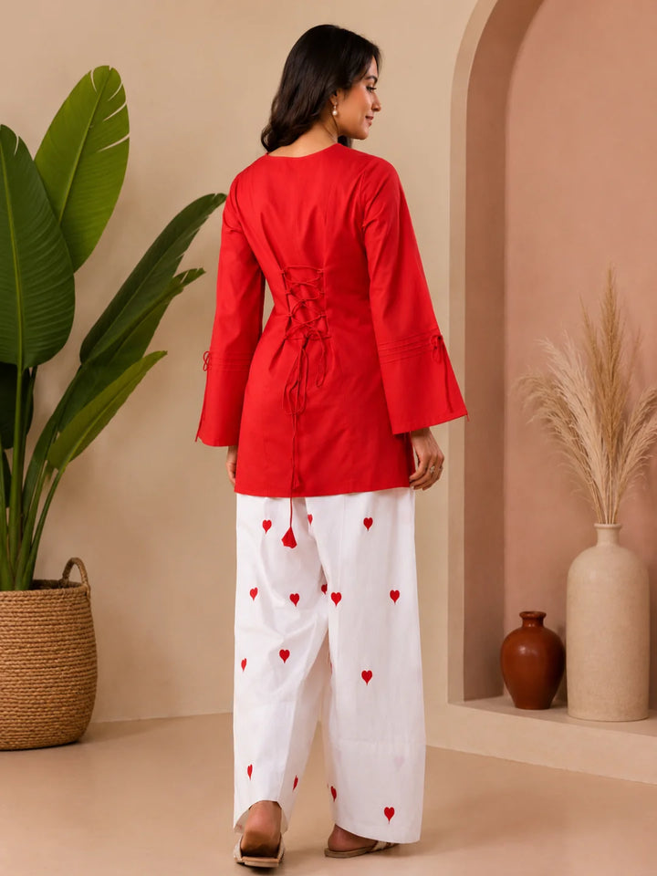 CO-ORDS-Red Solid Top Printed Bottom