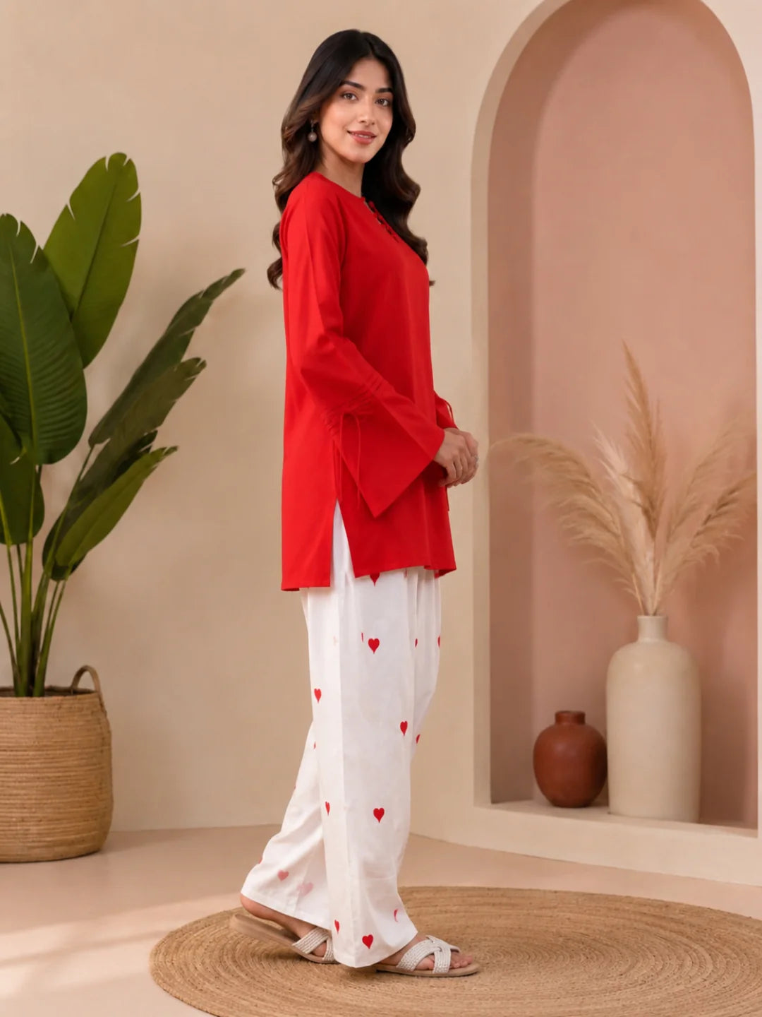 CO-ORDS-Red Solid Top Printed Bottom