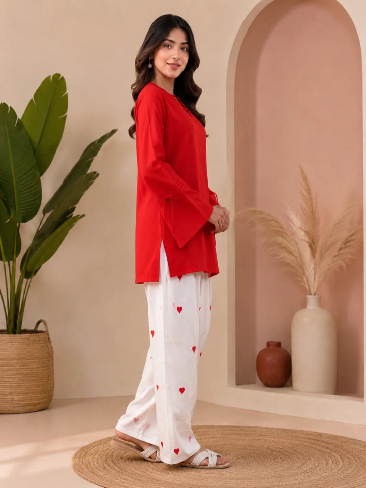 CO-ORDS-Red Solid Top Printed Bottom