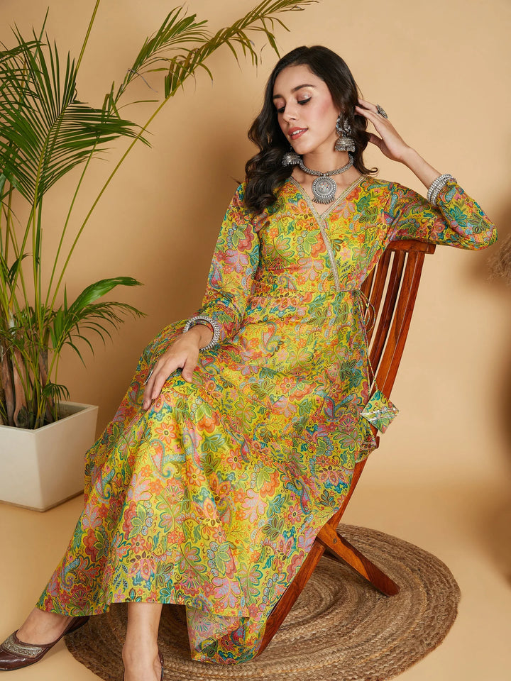 DRESS-Lemon Yellow Floral Anarkali Maxi