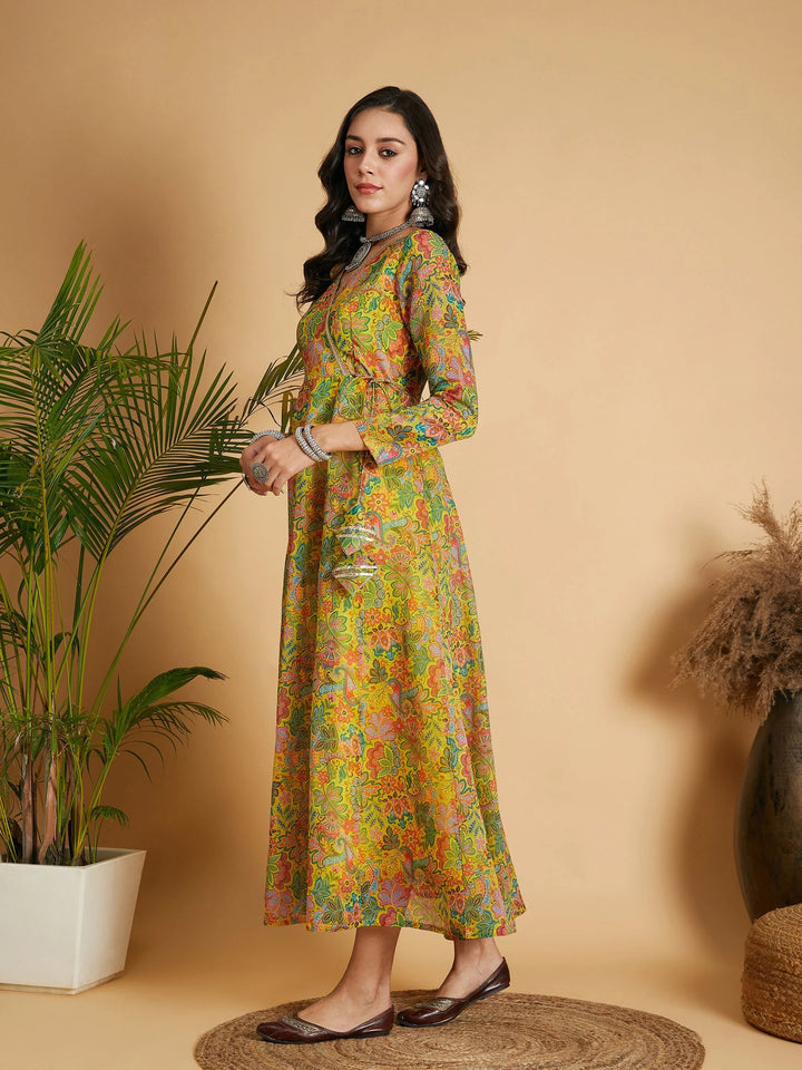 DRESS-Lemon Yellow Floral Anarkali Maxi