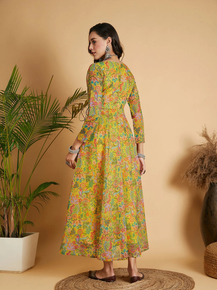 DRESS-Lemon Yellow Floral Anarkali Maxi