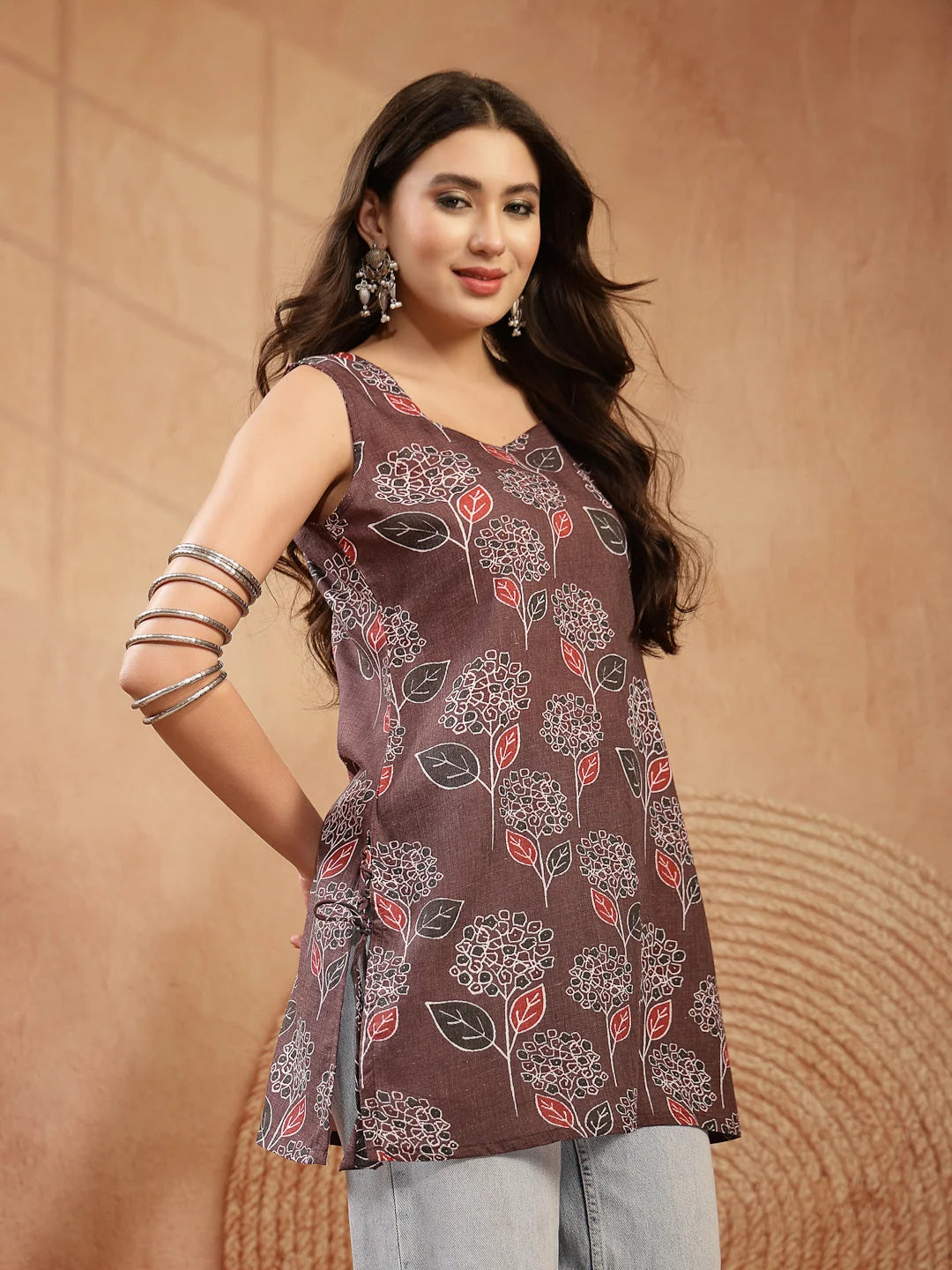 TOP-Ikkat Printed Cotton Blend Straight