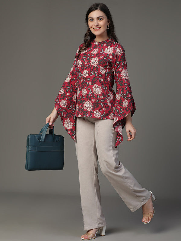 TOP-Marron Crepe Printed Top