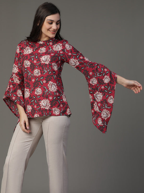 TOP-Marron Crepe Printed Top