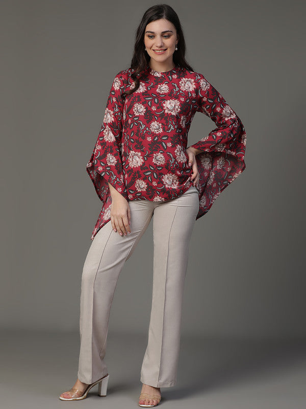 TOP-Marron Crepe Printed Top
