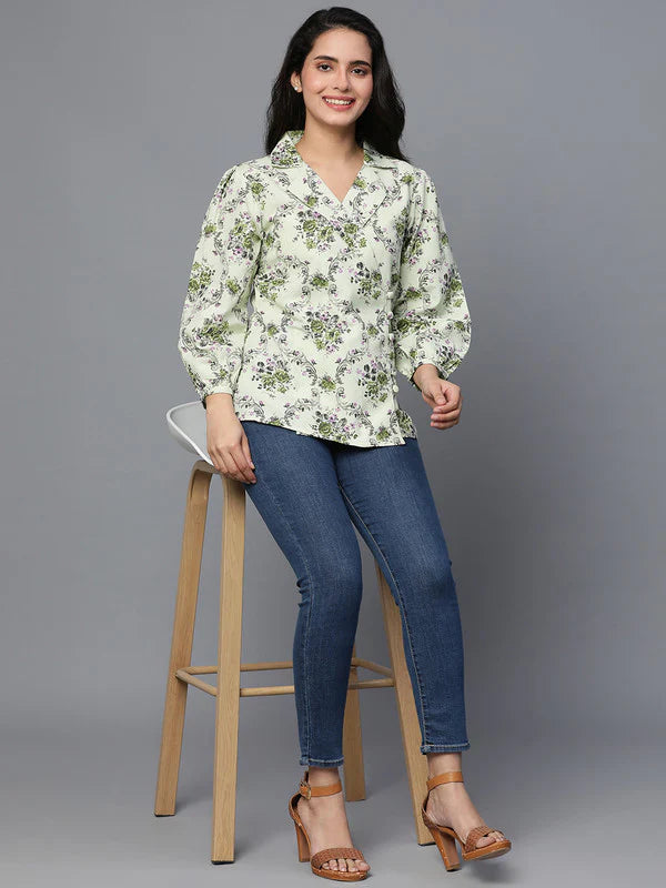 TOP-Green Cotton Printed Coat style top with collar