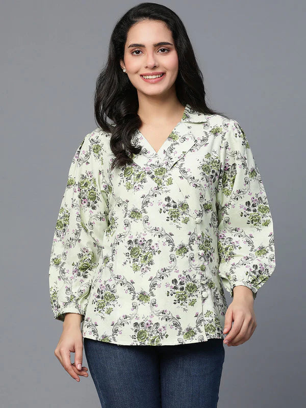 TOP-Green Cotton Printed Coat style top with collar