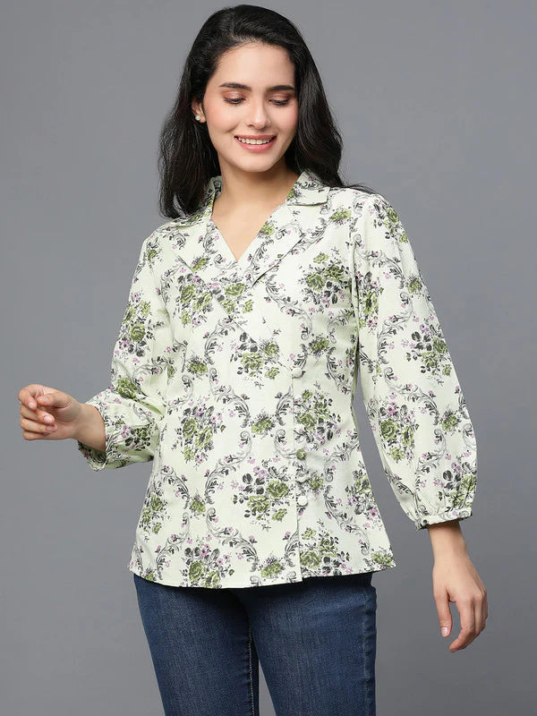 TOP-Green Cotton Printed Coat style top with collar