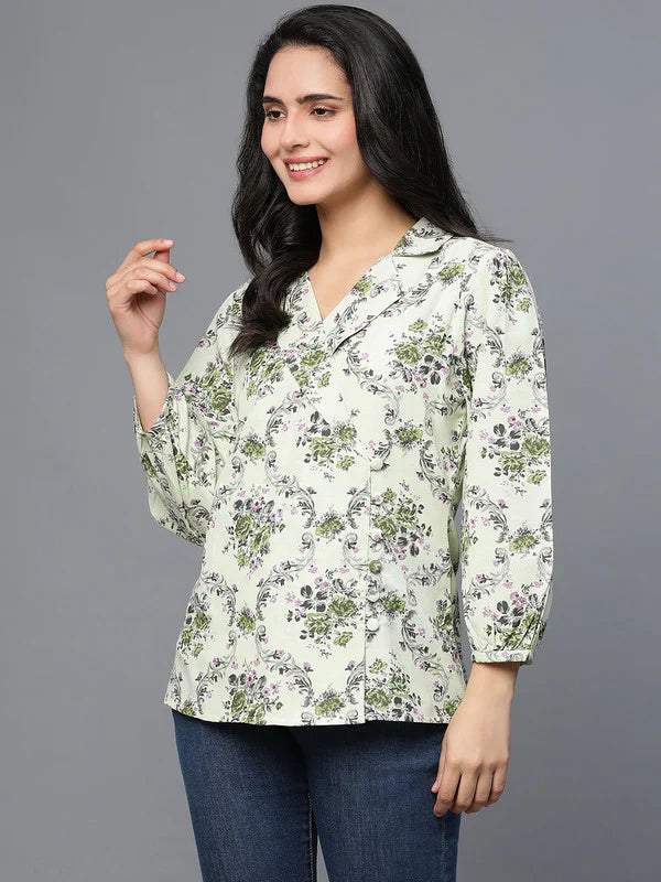 TOP-Green Cotton Printed Coat style top with collar