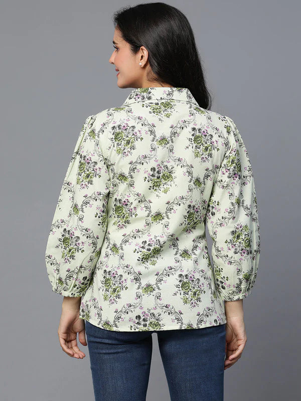 TOP-Green Cotton Printed Coat style top with collar