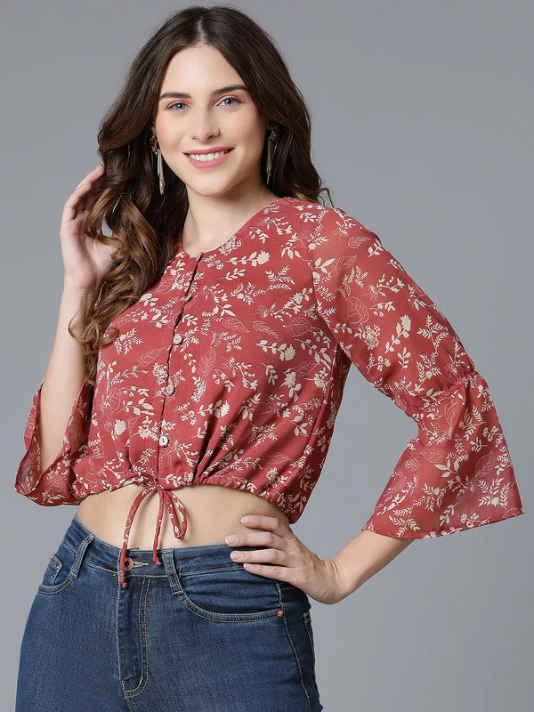 TOP-Rust Georgette Printed