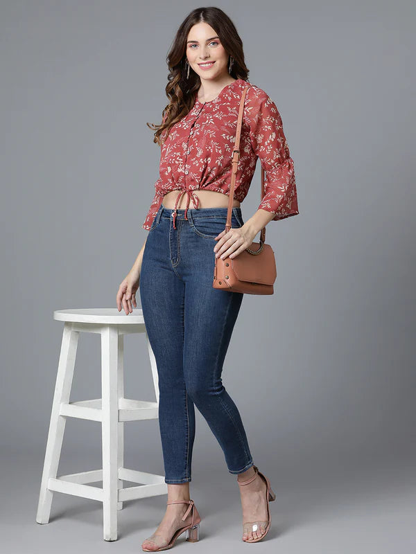 TOP-Rust Georgette Printed