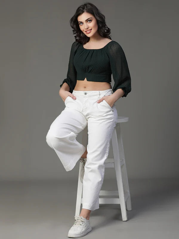 TOP-Green Chiffon Doby Crop
