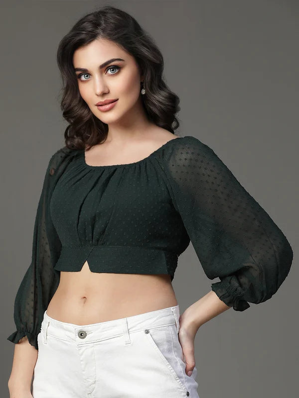 TOP-Green Chiffon Doby Crop