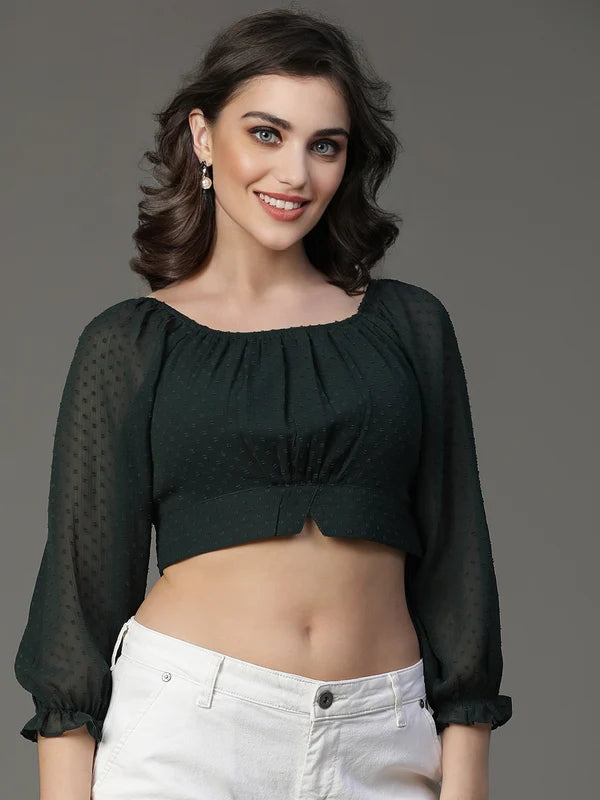 TOP-Green Chiffon Doby Crop