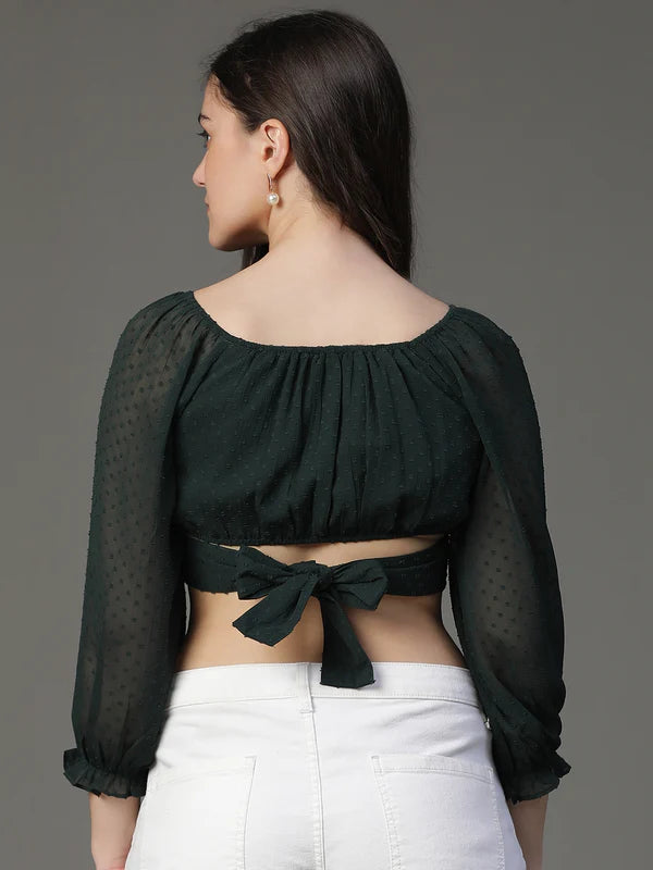 TOP-Green Chiffon Doby Crop