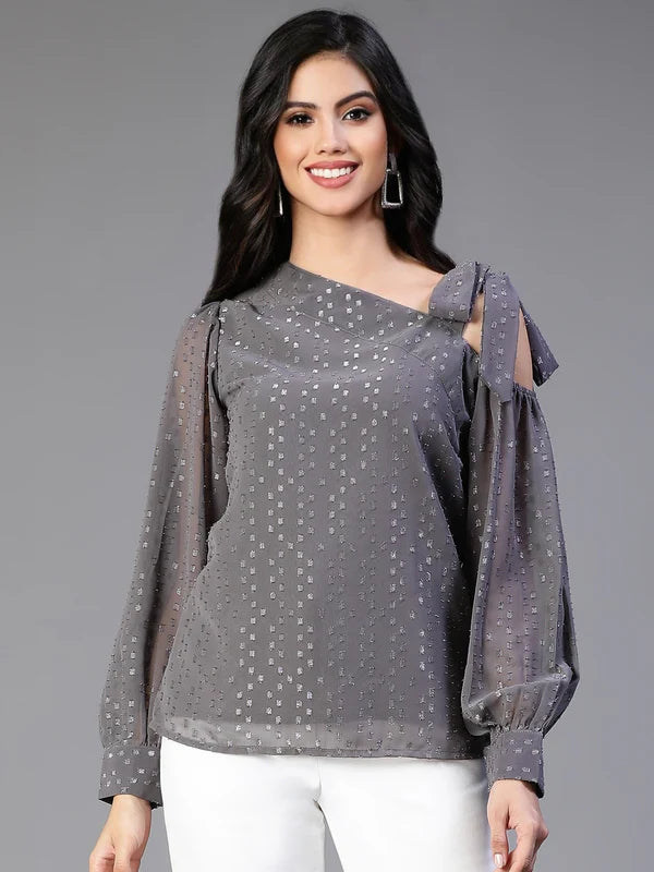 TOP-Grey Chiffon Lurex Doby party wear