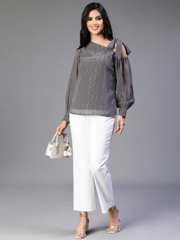 TOP-Grey Chiffon Lurex Doby party wear
