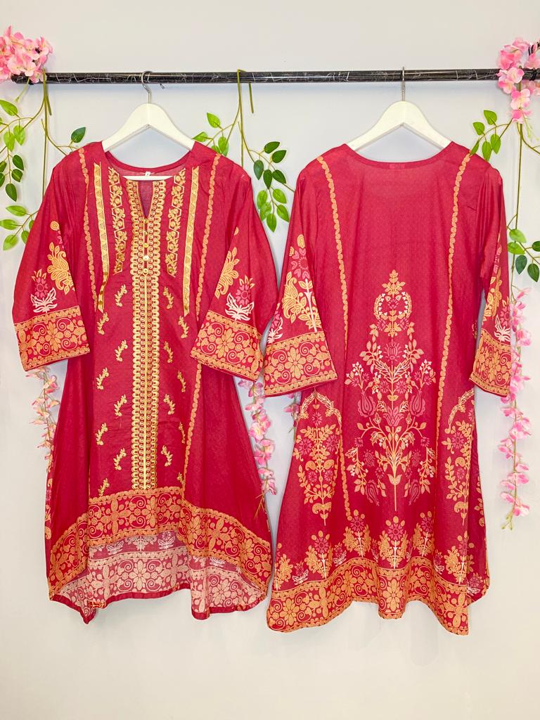 KURTA - Dark Peach/ Coral, Embroidered Lawn