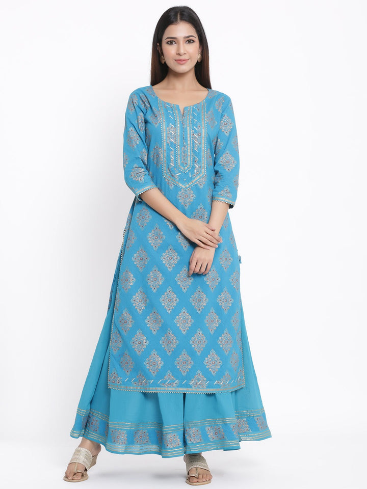 KURTA PANT - SKY BLUE, COTTON PRINTED STRAIGHT KURTA SHARARA