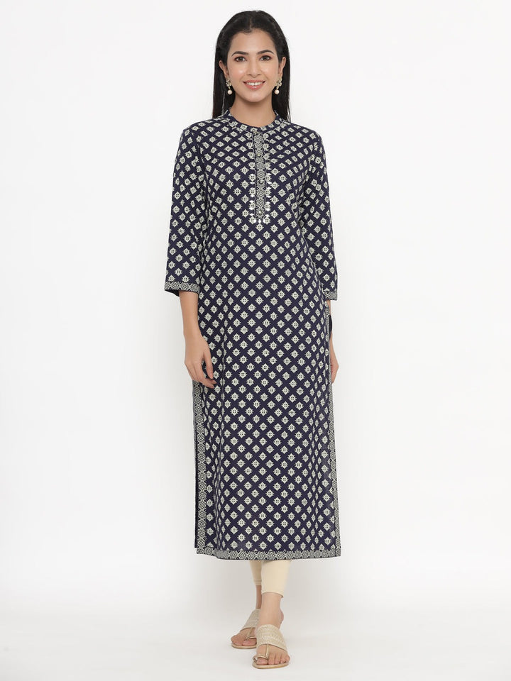 KURTA - NAVY, RAYON BLOCK PRINT STRAIGHT