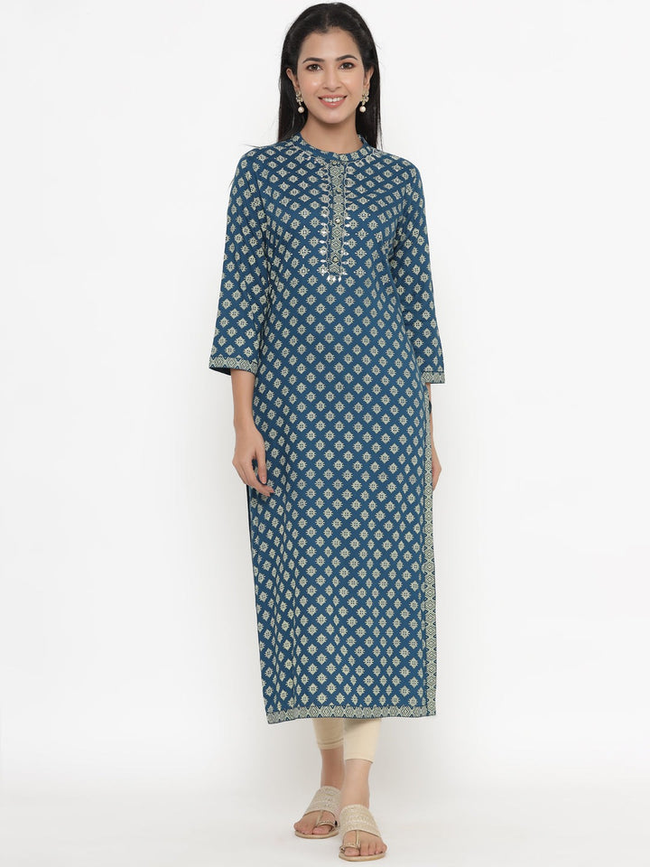 KURTA - TEAL, RAYON BLOCK PRINT STRAIGHT