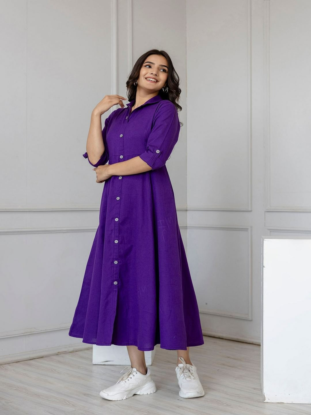 DRESS-Cotton Solid Flared Dress with Three Quarter Sleeves