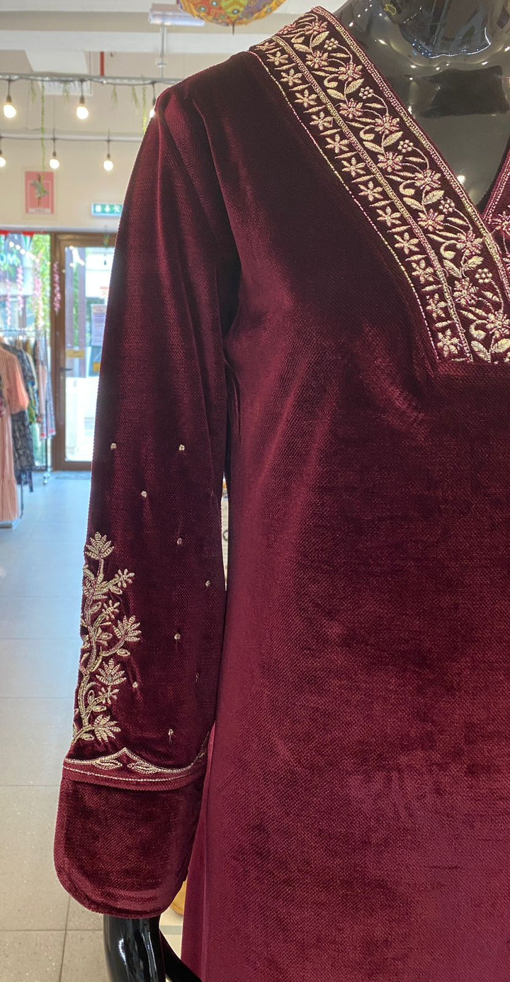 DRESS - Lux Velvet long with heavy Zari Work - 102401