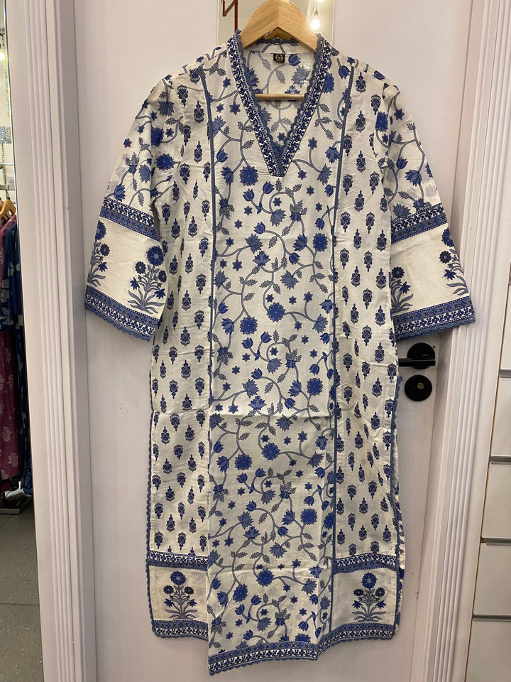 KURTA-White & Blue Lace Cotton